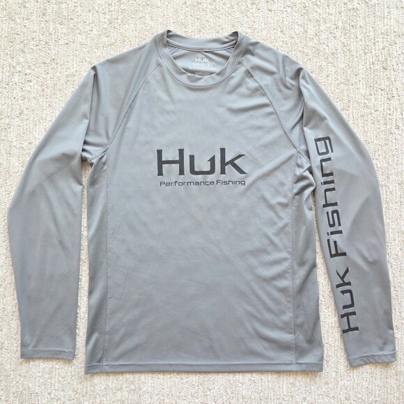 Huk Performance Crew Fishing Long Sleeve Shirt Top Gray UPF Mens Small READ - Picture 1 of 15